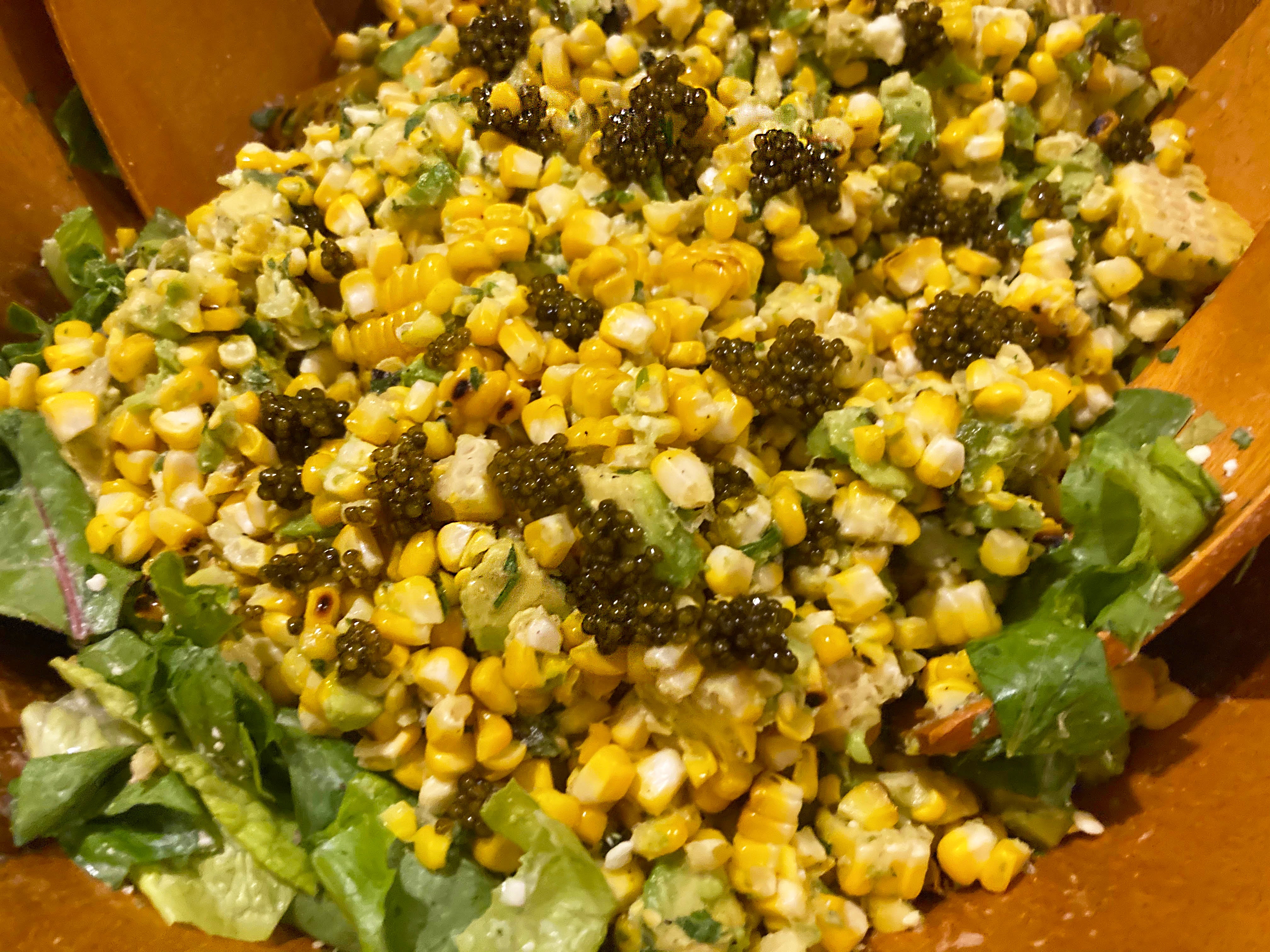 Grilled Corn and Avocado Salad with Feta Dressing & Caviar Pearl