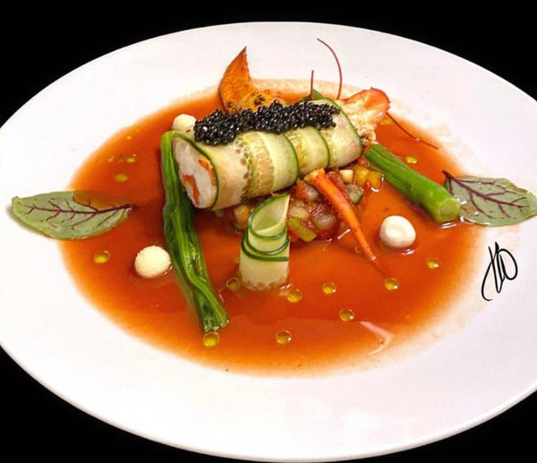 Lobster & Cucumber Roll with Deconstructed Gazpacho & PSC Ossetra Plus Caviar