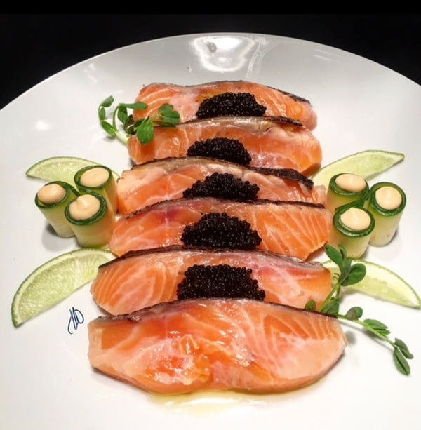 Salmon Sashimi with Ponzu, Spicy Mayo and PSC Ossetra Supreme Caviar